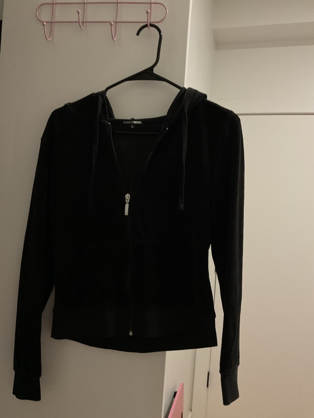 Fashion Nova Black Velour Hooded Zip Jacket